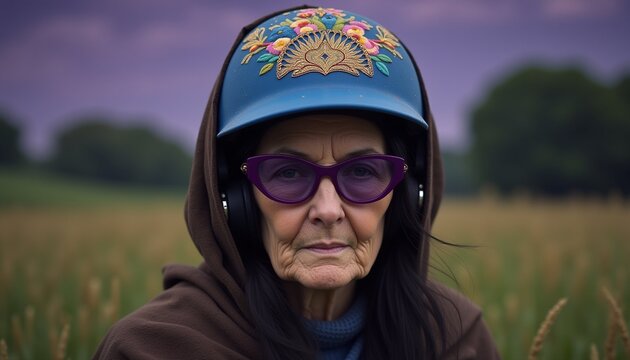 Elderly woman wearing floral helmet and purple glasses in open field