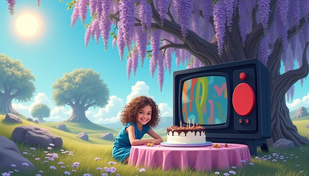 Child Celebrating Birthday Under Wisteria Tree with Vintage Television