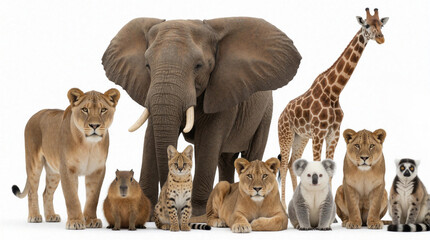 Obraz premium Diverse wildlife group stands together on white background. Large elephant, tall giraffe, lionesses, small serval, koala, capybara, lemur pose for portrait. Many different zoo, safari animals