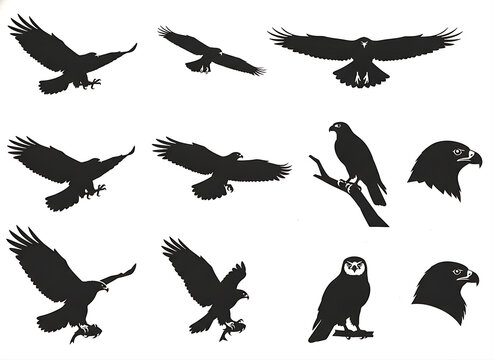 Eagles and birds of prey silhouettes set vector illustration isolated on white background