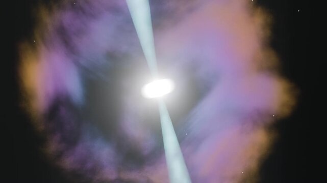 relativistic spinning pulsar neutron star remnant with sweeping polar beacon beams, deep space 4k video asset.