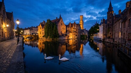 Obraz premium A tranquil winter evening in bruges reflections on the canals and historic architecture