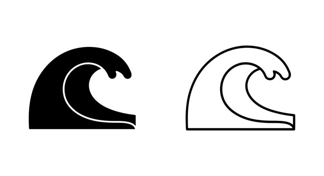 Wave icons, depicting ocean surf, are offered in solid black and outline formats for nature or water-related themes.