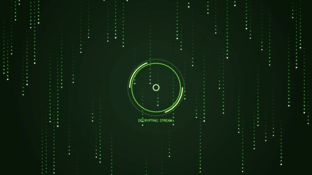 Cascading green digital code rain streams resolving into glowing cyber security lock, decryption video loop.