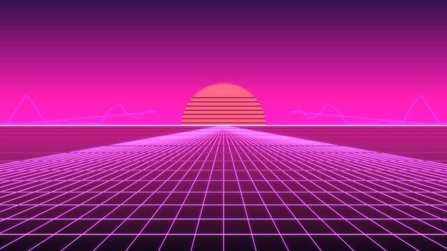 Vibrant retro synthwave wireframe perspective grid undulating towards glowing neon sun, 80s arcade video loop.