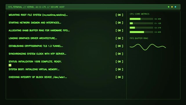 Vintage monochrome phosphor green computer terminal scrolling operating system kernel boot logs, retro video loop.
