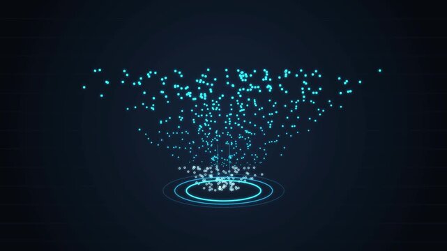 Luminous cloud database migration particle funnel condensing into central storage silo, server cloud video loop.