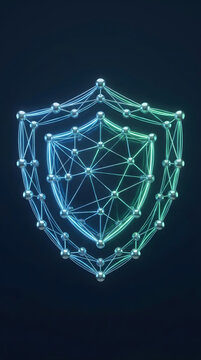Cybersecurity shield formed by connected metallic nodes and glowing blue and green lines stands against a dark background, representing network protection through a layered geometric structure.