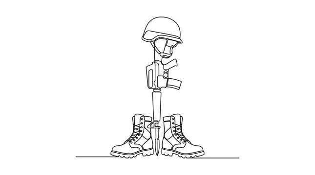 Continuous line drawing of a fallen soldier memorial battlefield cross featuring a military helmet assault rifle and combat boots as a tribute for veterans day and military honor