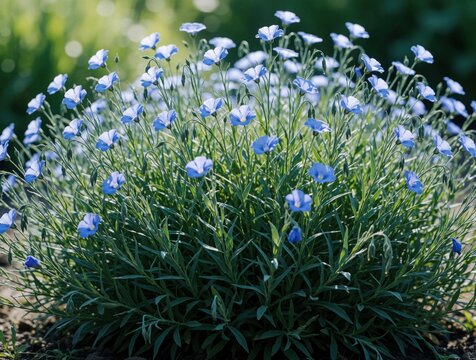 Blue flax flowers bloom in garden. Perennial Linum perenne plant with sky blue petals, green ferny leaves grows in sunlight. Small delicate blossoms on thin wiry stems create bushy mound in summer
