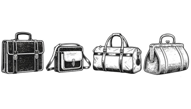 Collection of different hand drawn bags including a briefcase and duffel bag