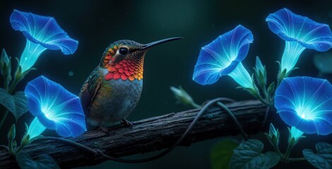 Obraz premium Small hummingbird sits on tree branch among glowing blue flowers. Colorful avian creature rests in dark forest near neon blossoms. Fantasy nature scene with bright bioluminescent flora, tiny bird in