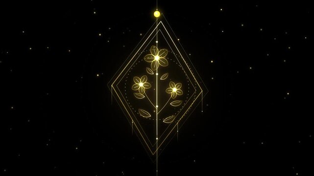 Golden floral emblem with geometric diamond frame on a dark starry background