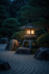 Obraz premium Traditional stone lantern glows in serene Japanese Zen garden at night. Sand ripples pattern ground around large rocks, green bushes. Peaceful oriental landscape with calm atmosphere under dark sky