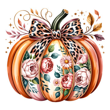 Floral peach pumpkin with leopard bow roses and gold glitter accents