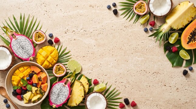 Tropical Fresh Fruit Arrangement Background with Exotic Fruits and Palm Leaves