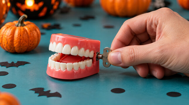 Mano girando llave de dentadura mec&aacute;nica para Halloween
