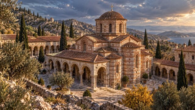 Byzantine Orthodox monastery exterior with brick and stone church, tiled dome, arcaded cloister and Mediterranean hills, evoking Christian heritage, pilgrimage and sacred history art