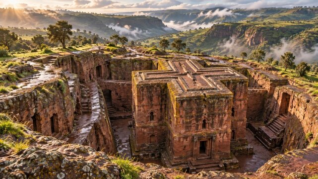 Ethiopian rock hewn church exterior carved into red volcanic stone amid green highlands and mist, a dramatic African Christian heritage landscape inspired by Lalibela traditions art