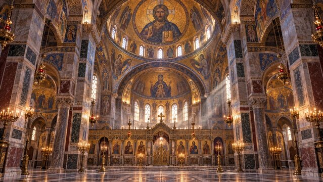 Byzantine Orthodox church interior with gold mosaics, Christ Pantocrator dome, marble columns and candlelight, a majestic Christian sanctuary rich in sacred art and history imagery
