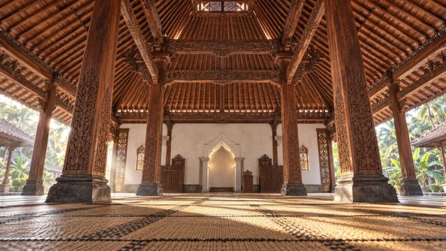Javanese mosque interior with carved teak saka guru columns, soaring timber roof and woven prayer mats, a serene Indonesian sacred space rooted in tropical vernacular design and culture