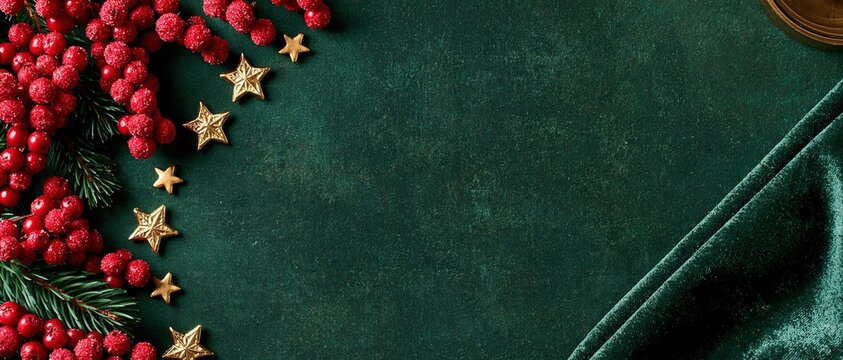 Christmas Berries and Stars on Green Velvet Background