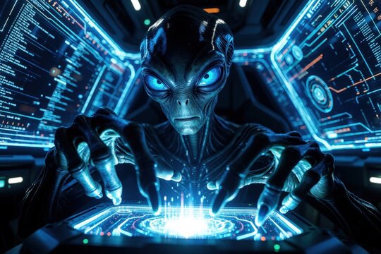Grey alien uses glowing futuristic tech device with digital data streams. Extraterrestrial creature works on holographic interface in spaceship cockpit. Sci-fi creature interacts with blue light