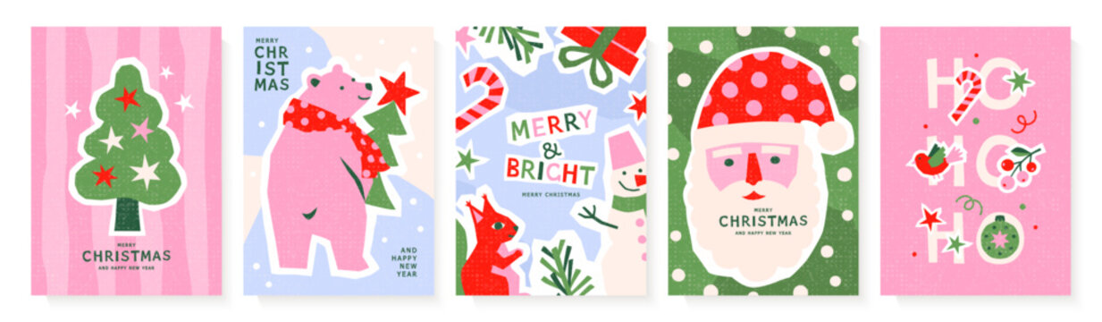 Set of Christmas card designs in a playful retro flat style with festive elements in cut-paper style and grainy texture. Vector illustrations featuring Christmas tree, polar bear, squirrel, snowman