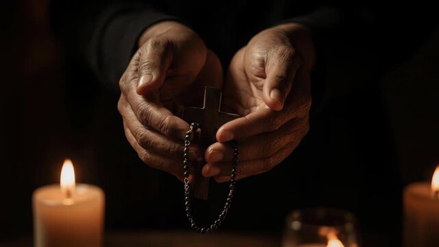 Spiritual devotion concept: prayer hand, wooden cross, holy rosary, candle light, sacred ritual, silent meditation, hope symbol, divine presence, faith gesture.