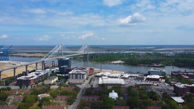 Tilt-shift Drone shot of the Talmadge Memorial Bridge Savannah Georgia