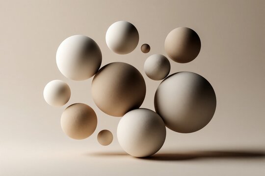 Minimalist abstract composition with smooth neutral spheres floating in space. Various sizes of beige, cream 3D balls create geometric arrangement. Soft light, shadows fall on round objects in modern
