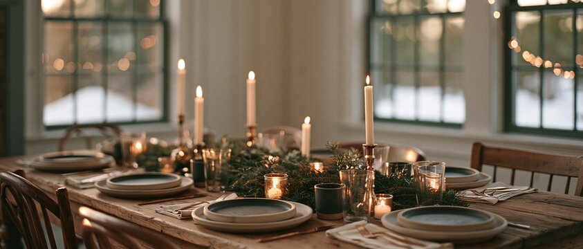 Charming Winter Table Setting with Candles and Greenery