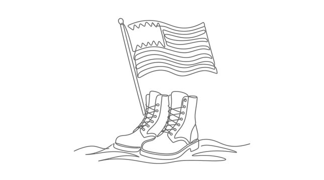 Continuous line drawing of military combat boots with the American flag on a white background. Minimalist monochrome vector illustration for Veterans Day, Memorial Day, and patriotic honor.