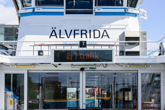 Gothenburg, Sweden - July 26 2026: &Auml;lvfrida passenger ferry displaying route destination at terminal.