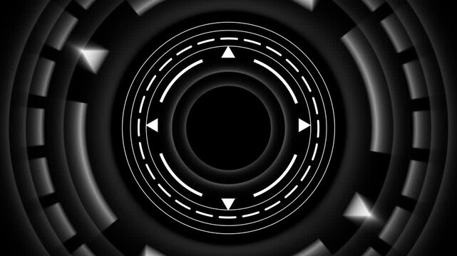 Technology background animation displays concentric rings. Telemetry coordinates route across technology background. Digital cyberspace visual depth defines the background.