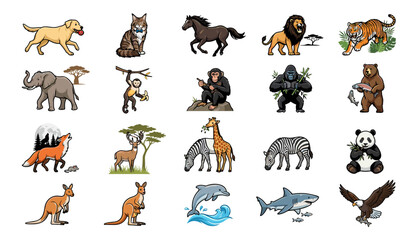 Obraz premium Animal Illustrations Set with Diverse Wildlife Icons, Including Mammals, Birds