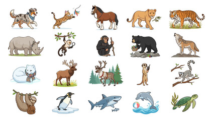 Obraz premium Animal Illustrations Set with Diverse Wildlife, Including Lions, Tigers, Bears