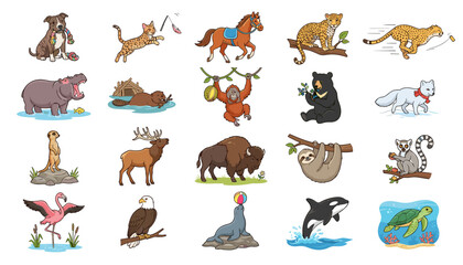 Obraz premium Animal Illustrations Set with Diverse Wildlife Icons Featuring Animals