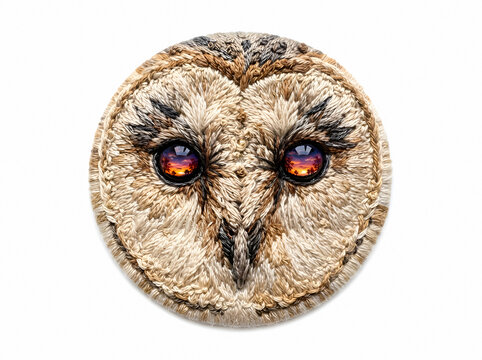 Barn owl head with purple and orange eyes facing forward
