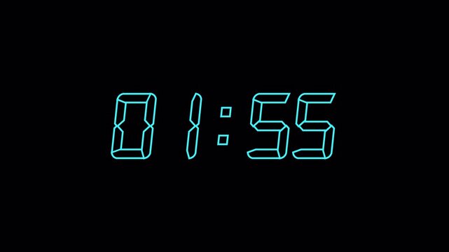 2 Minute Countdown Timer, Neon Digital Clock Animation from 02:00 to 01:00, Glowing Futuristic Time Counter, 1 Minute Countdown, Transparent Background, 4K Alpha Channel