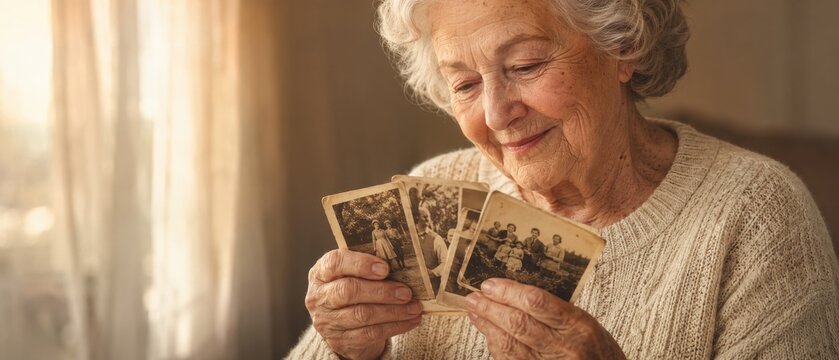 Elderly woman fondly looking at old family photographs and reminiscing about the past