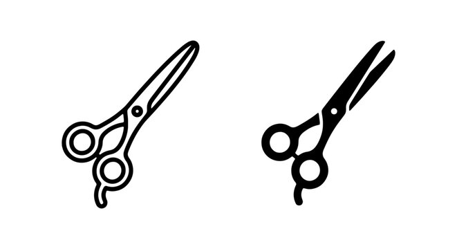 Barber scissors are depicted in both a line drawing and a filled black silhouette, representing grooming and hairstyling tools.