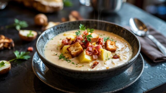 German cuisine. German Bread Soup. A hearty creamy soup based on bread crumbs and broth, garnished with cubes of fried croutons, bacon, and herbs.