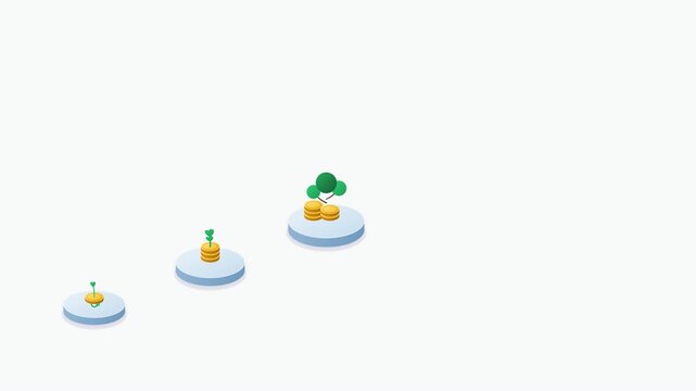 Premium clean vector illustration visualizing wealth accumulation through progressively larger gold coin stacks and growing plants. Each stage represents an expanding financial foundation, moving from