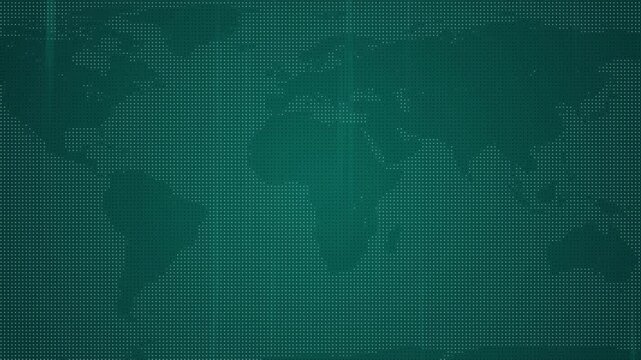 World map animation displays dotted landmasses with beams. Telecommunication network telemetry routes on world map. Planetary cyber data infrastructure powers the world map.