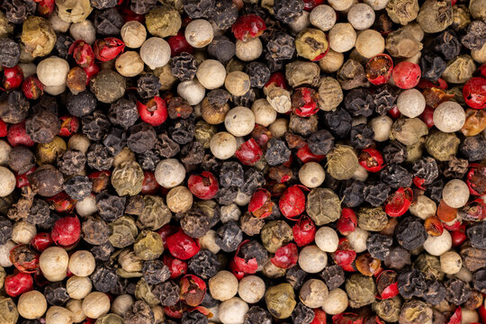 Mixed peppercorns creating vibrant spice food background texture