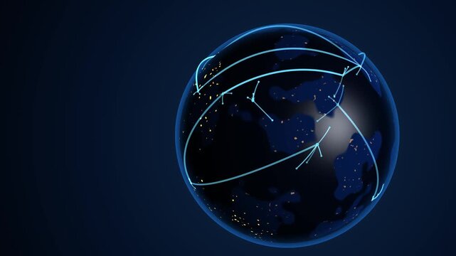 Photorealistic Earth rotating in space with illuminated cities and smooth global connectivity lines linking locations across the planet, representing worldwide internet infrastructure, satellite commu