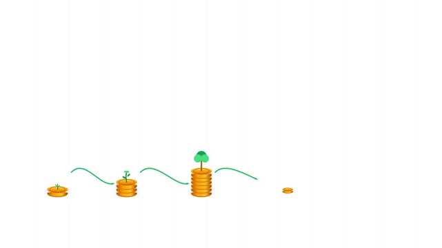 Premium 2D vector flat-3D financial illustration showing compound interest through coins and a growing tree. Perfectly fitted within 16:9 frame with balanced negative space.