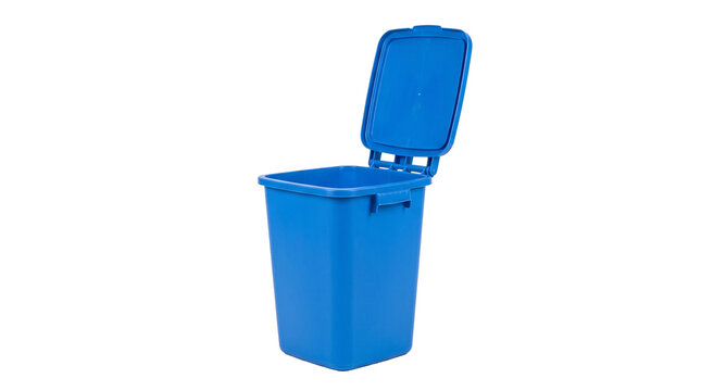 Blue plastic recycling bin with open lid for waste management and environmental waste disposal unit.