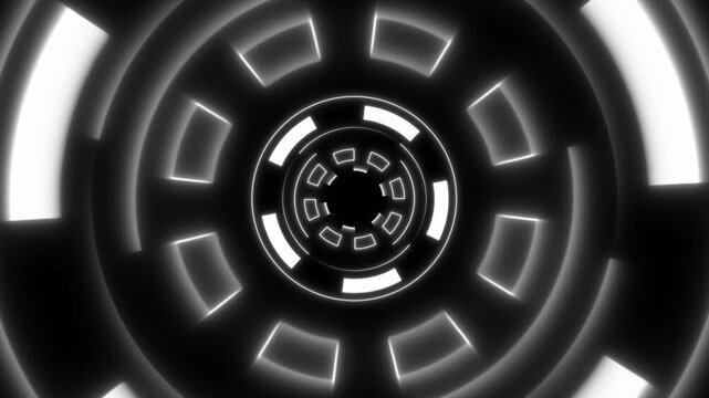 Circular tunnel animation rotates with segmented tech rings. Warp acceleration drives this circular tunnel animation. Futuristic perspective corridors shape circular tunnel.
